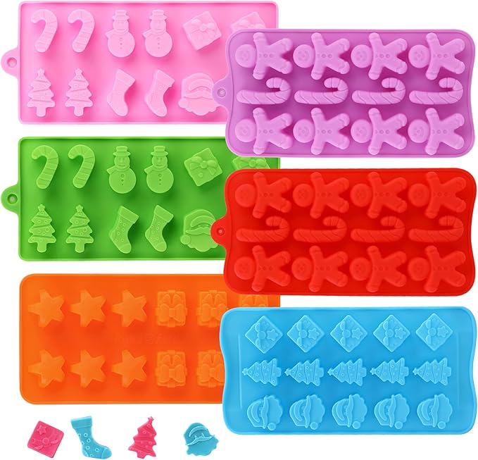 Christmas Silicone Chocolate and Candy Molds, Small Baking Molds for Cake Toppers, Santa Clause Snowman Christmas Tree Presents Gingerbread Stockings Star Candy Cane Molds 6Pcs