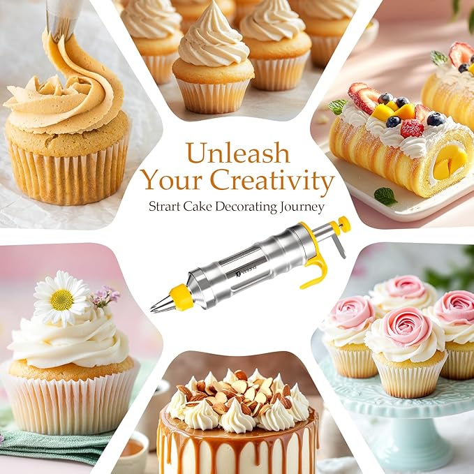 Dessert Decorating Syringe Set Icing Piping Kit Frosting Piping Kit Stainless Steels Cake Decorating Kit with 10 food grade stainless steel piping tips & 50 Disposable Piping Bags Yellow