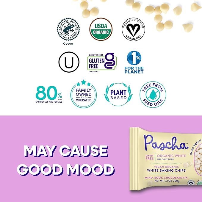 Pascha Organic Vegan White Baking Chips - Dairy-Free Alternative - Rice-Based Bulk Baking Chocolate - Allergen-Free & Plant-Based - Rainforest Alliance Certified Cocoa Butter, (Pack of 6)