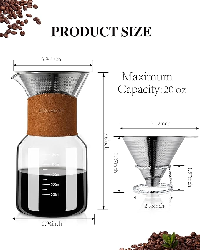 Pour Over Coffee Maker with Double-Layer Stainless Steel Filter, 20 oz Pour Over Coffee Dripper, Glass Carafe with Vintage Leather Collar and Cork Lid & Filter Stand for Espresso