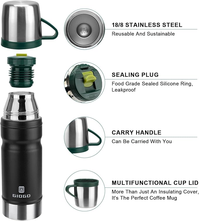 Vacuum Insulated Water Bottle Thermo Water Flask with Cup 680ml/23oz Stainless Steel Thermal Water Bottles Thermo for Hot and Cold Drinks Coffee Water(Black,Single)