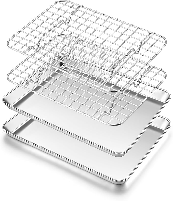 Toaster Oven Pan with Rack Set (2 Small Baking Sheets+2 Grill Racks), 9 x 7 Inch Stainless Steel Small Cookie Sheets Bacon Tray with Grid Cooling Racks for Baking Roasting Grilling, Dishwasher Safe