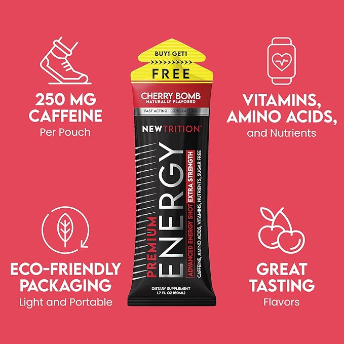 NewTrition® Extra Strength Energy Shots, 250mg Caffeine Energy Shots with Vitamin B & Amino Acids, Sugar-Free Vitamin Energy Shot, 1.7 fl oz (Pack of 6, Cherry Bomb)
