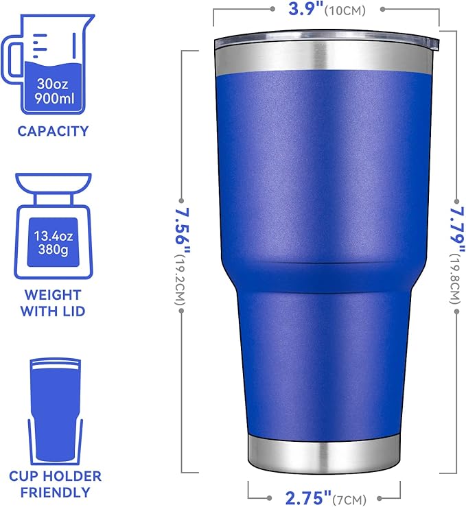 DOMICARE 30 oz Tumbler with Lid and Straw, Stainless Steel Tumblers Bulk, Insulated Vacuum Double Wall Travel Coffee Mug, Durable Powder Coated Tumbler Cups (Dark Blue, 12)