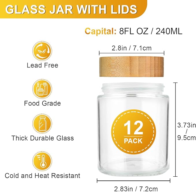 AISIPRIN Spice Jars with Label,12 Pcs 8oz Glass Jars with Bamboo Lids,Spice Organizer for Cabinet,Drawer, Rack, Seasoning Organizer Containers,Including 2 Type Labels