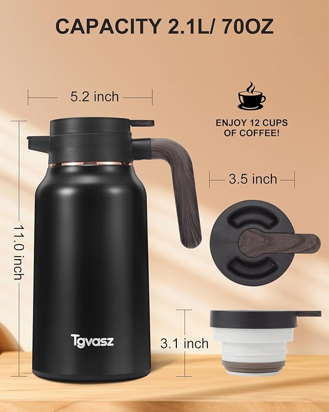 34 Oz Carafes for Hot Liquid, Stainless Steel Insulated Vacuum Thermal Coffee Carafes For Keeping Hot, 1 Liter Coffee Dispenser（Black)