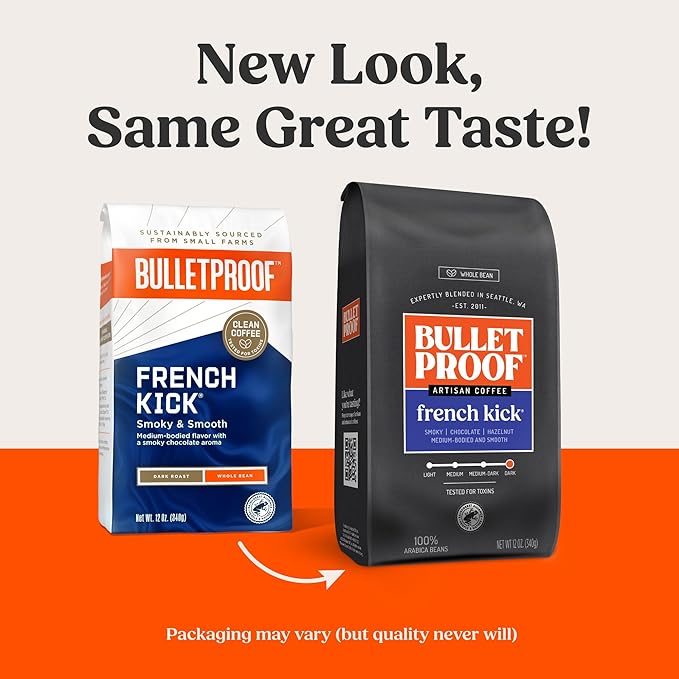 Bulletproof French Kick Dark Roast Whole Bean Coffee, 12 Ounces, Clean Coffee Tested for Toxins, Packaging May Vary (Pack of 2)