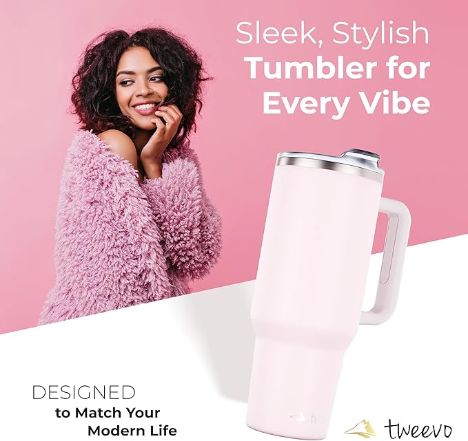 40 oz Tumbler With Handle and Straw Made of Stainless Steel - Double Wall Vacuum Insulated Tumbler With Lid - Sweat Proof Easy Grip, BPA-Free, Dishwasher Safe Tumbler (Rose Quartz)