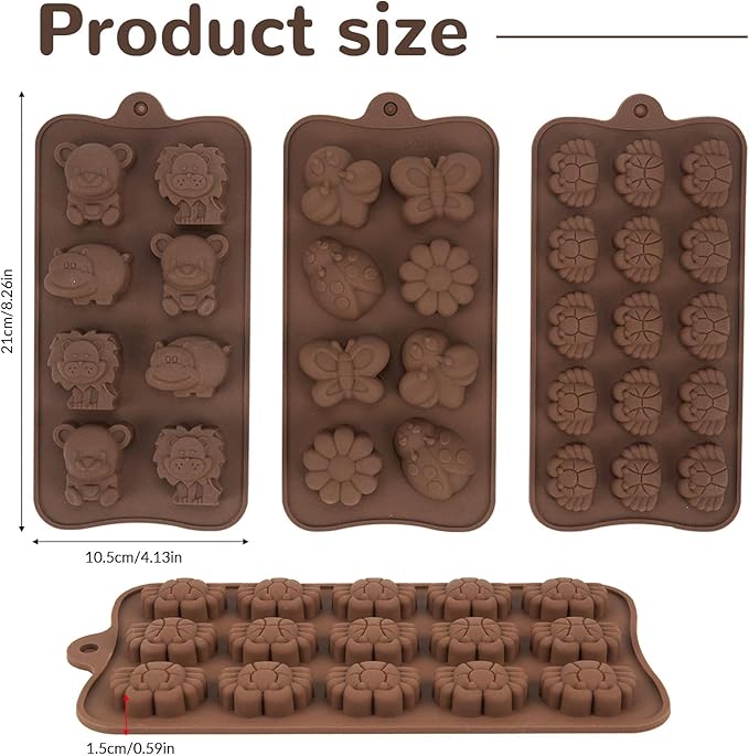 3 Pcs Non-Stick Brown Animal Themed Chocolate and Fondant Silicone Baking Molds with Wax Melt Function