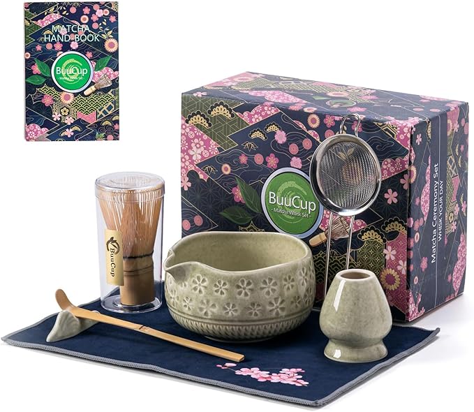 Matcha Whisk Set, Ceramic Matcha Set Includes Matcha Bowl, Matcha Whisk and Holder, Bamboo Scoop, Scoop Rest, Sifter and Tea Towel - 7 Pcs Matcha Kit for Matcha Lovers (Mottled Green)