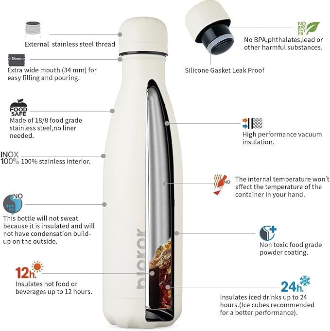 BJPKPK 17oz Insulated Stainless Steel Water Bottles,Sports Water Bottles Keep Cold for 24 Hours and Hot for 12 Hours,BPA Free for Travel,Angle White