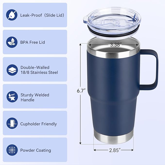 HASLE OUTFITTERS 20oz Tumbler Bulk with Lid, Stainless Steel Tumbler Bulk with Handle, Metal Insulated Travel Coffee Mug Set with Handle, Double Wall Vacuum Leak Proof Tumbler Cup, Navy 6 Pack