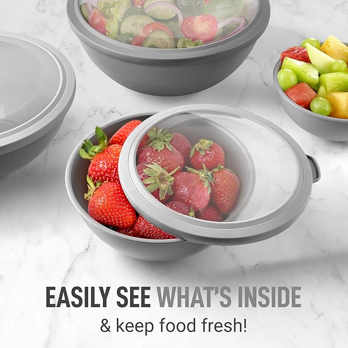 Zulay Kitchen 12 Piece Plastic Nesting Mixing Bowls with Lids - Colorful Microwave & Freezer Safe Gray Ombre Set