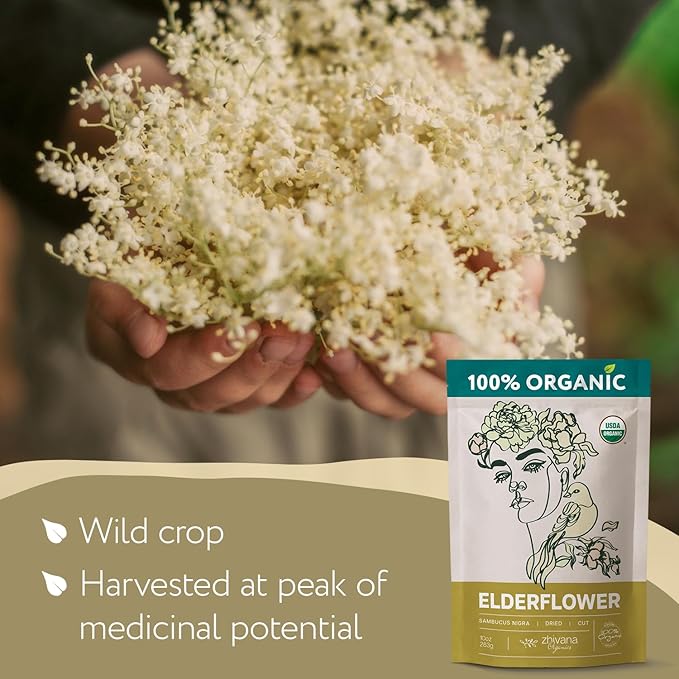 Elderflower Tea (10oz.) - Organic Dried Elderflowers - Elder Flowers Dried Herbs, Te de Sauco, Flor De Sauco Organico - Respiratory Tea - Great for Allergy