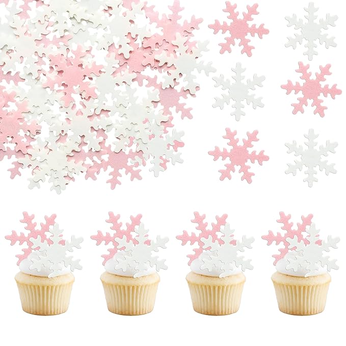 Gyufise 50Pcs Pink Edible Cupcake Cake Toppers Snowflake Cake Decorations for Christmas Winter Frozen Theme Party Supply Decoration Pink White