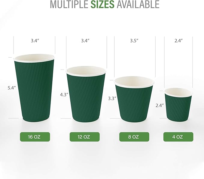 Restaurantware-12 Ounce Disposable Coffee Cups, 500 Ripple Wall Hot Cups For Coffee - Lids Sold Separately, Rolled Rim, Forest Green Paper Insulated Coffee Cups, For Hot Coffee, Tea, And More