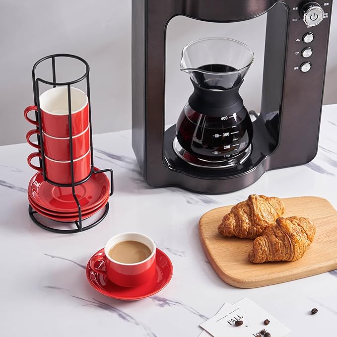 YOLIFE 2.5oz Porcelain Stackable Espresso Cups with Saucers and Metal Stand Set of 4, Stackable Cappuccino Cups, Red Expresso Shots Cup Set for Coffee Drinks, Latte, Tea