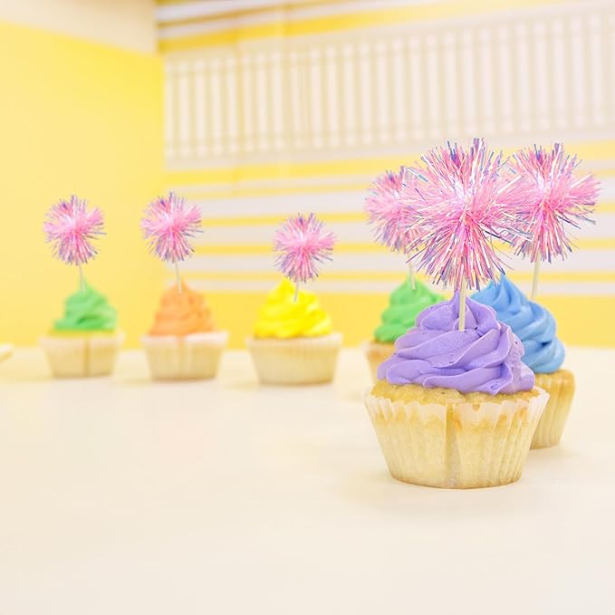 Gyufise 30Pcs Foil Firework Cupcake Toppers Sparkle Tinsel Cake Toppers Tinsel Drink Cake Decoration Cocktail Picks for Birthday Wedding Graduation Party Supplies Dark Pink