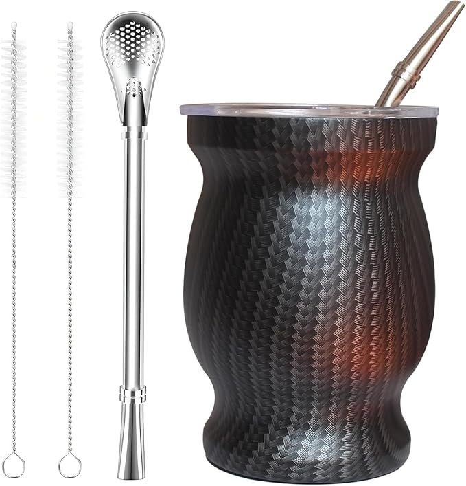 Beruth Bombilla Yerba Mate Gourd, 8oz Stainless Steel Tea Cup Set with a Multifunctional Lid, Two Straws and Cleaning Brushes, Double Walled Coffee Mug Heat Insulation Anti Scalding (Water Ripples)
