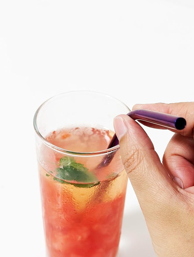 10 Pcs Stainless Steel Straws, Reusable Drinking Straws, Bent Metal Straw Sets with 2 Pcs Cleaning Brushes (Purple, 8.5 Inch)