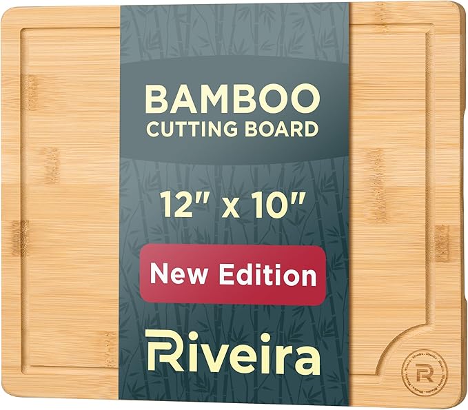 Riveira Cutting Boards For Kitchen – Gourmet Bamboo Grandeur: 12 x 10 Wood Cutting Board – Natural Bamboo Cutting Board – Innovative Juice Grooves Wooden Cutting Boards For Kitchen