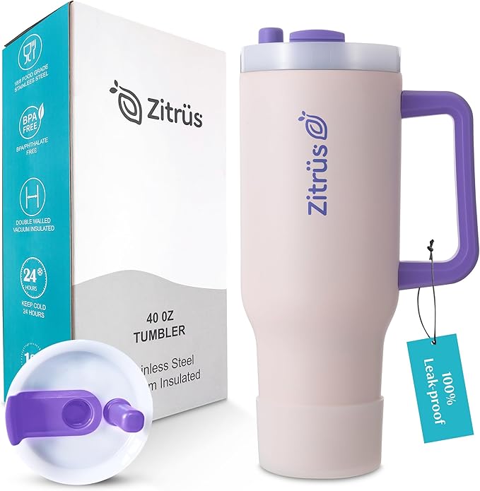 40 oz Tumbler with Handle and Straw | Leak Proof Insulated Stainless Steel Water Bottle Travel Mug Fits in Cup Holder | Keeps Cold Hot | Gifts for Women Men Him Her (Pink, 40 oz)
