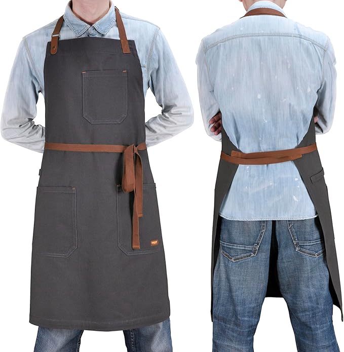 Professional Chef Apron for Men Women with Pockets, Bib Apron for Cooking Kitchen Grill BBQ, with Towel Loop and Adjustable Neck Strap (Dark Grey)
