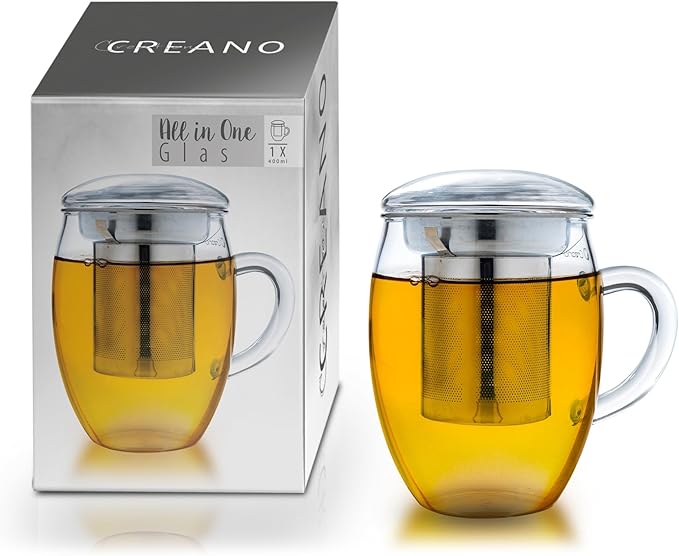 Creano Tea Glass with Stainless Steel Infuser and Glass Lid - 14oz (400ml)