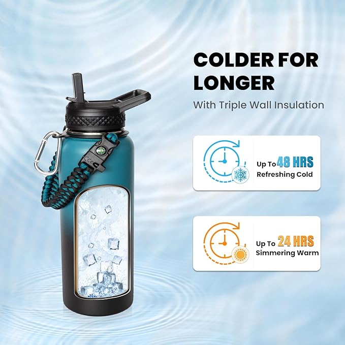 Insulated Water Bottle 32 oz, Triple Wall Vacuum Stainless Steel (Cold for 48 Hrs, Hot for 24Hrs), Leak Proof & Non-BPA, 32oz Hydro Water Flask with Paracord Handle & Straw Spout Lids