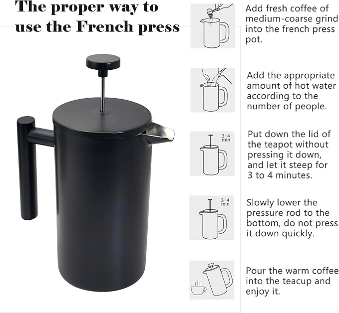 YJX 34oz Coffee Maker, Stainless Steel French Press, 1 Liter Camping Coffee Pot, Tea Maker, 34 Ounce Travel Coffee Presses, Heat Resistant Double Insulated (Black)