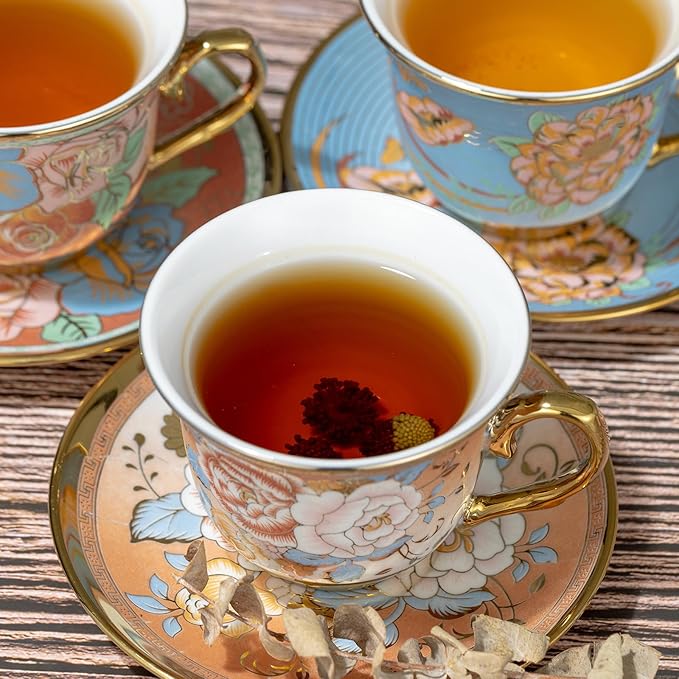Tea Cups and Saucers Sets of 6, 8 Oz Floral Tea Cups with Spoons Ceramic Cup and Saucer Set for Cappuccino, Espresso, Coffee, Cafe, Latte, Tea for Tea Birthday