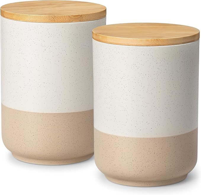vancasso Sabine Large Ceramic Canister Set with Airtight Wood Lids - 2-Piece Kitchen Food Storage Jars for Flour, Sugar, Coffee & Tea (74 oz Each) - Big Capacity Countertop Jars