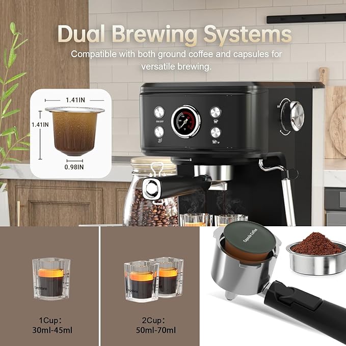 Black Espresso Machine with Milk Frother, Cappuccino Machines for Home, Coffee Espresso Machine Suitable for Coffee Powder/NS Original Capsules, Espresso Maker with Thermometer