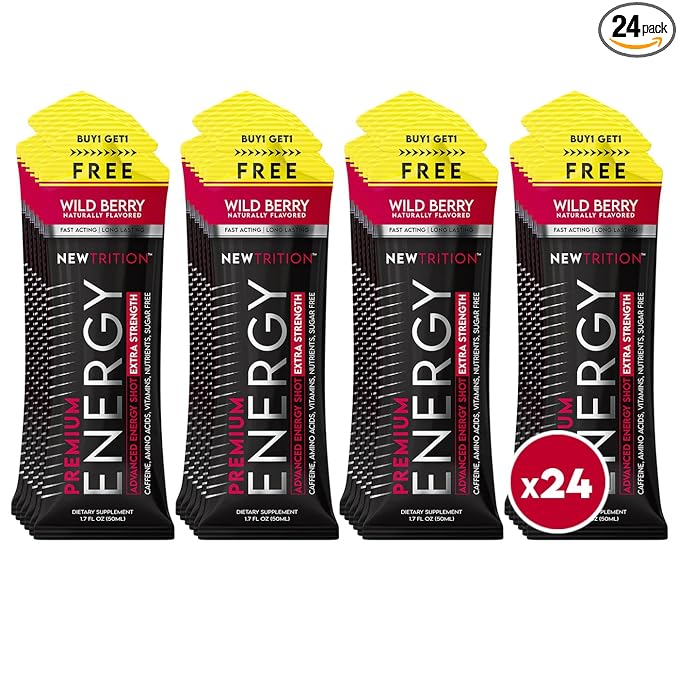 NewTrition® Extra Strength Energy Shots, 1.7 fl oz (Pack of 24, Wild Berry flavor) - 250mg Caffeine with Vitamin B & Amino Acids, Sugar-Free, Zero Calorie Vitamin Energy Drink for Focus & Endurance