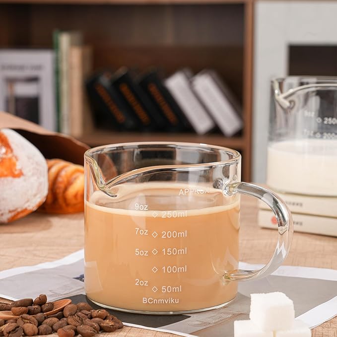 BCnmviku Espresso Cup Measuring Cup Triple Pitcher Milk Cup 250ML/8.5OZ Espresso Cups with Handle Shot Glass with V-Shaped Mouth Clear Accessories Milk Frothing Pitcher (1)