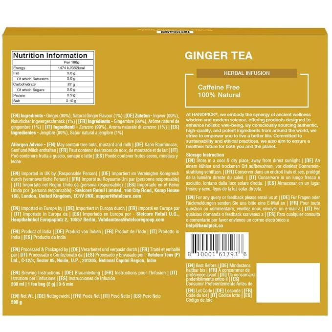 HANDPICK, Ginger Tea Bags, Caffeine Free & 100% Pure Ginger Root | Soothing & Spicy Blend | Round Eco Conscious Teabags