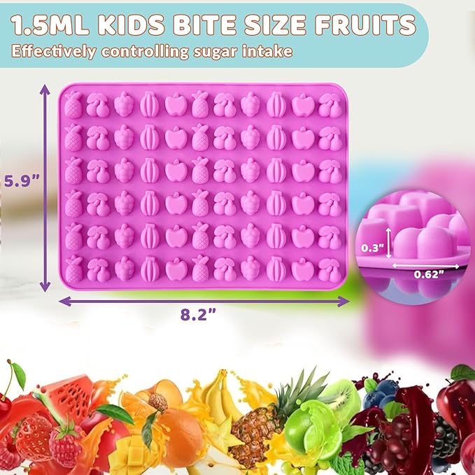 HKNMTT Gummy Fruit Molds Silicone, Mini Cute Fruit Shaped Candy Chocolate Tray Molds With 2 Droppers, 4 Pack 264 Cavities Non-stick Bite Size Kids Apple Molds, DIY Candy Making Kit