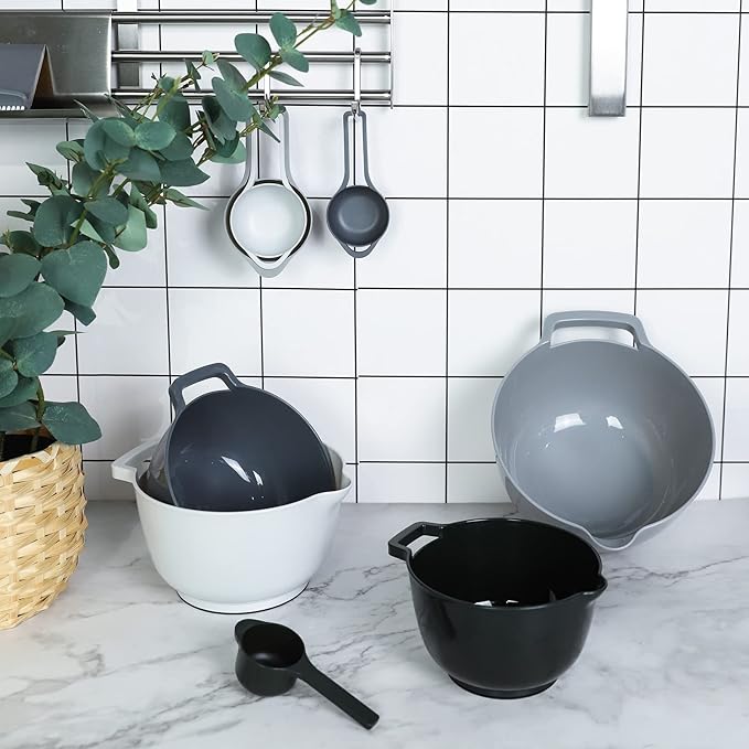 BoxedHome 8 Pack Classic Nesting Mixing Bowl Set with 4 Measuring Cups, Plastic Mixing Bowls with Pour Spouts and Handles(Gray)