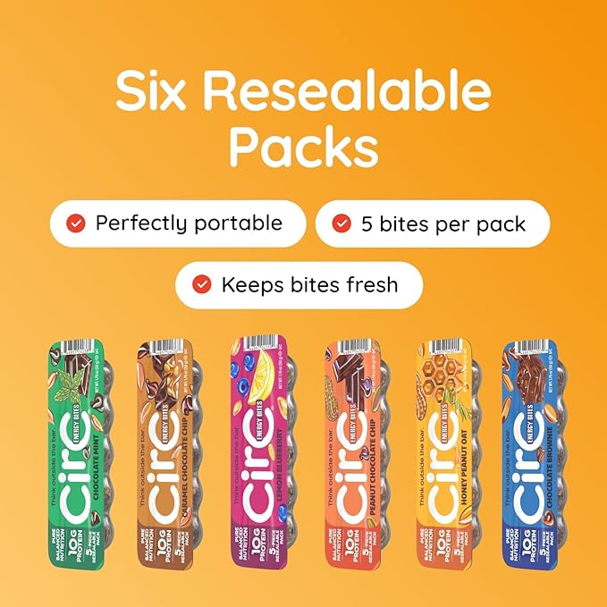CirC Energy Bites - New Variety 6 Pack Gluten Free Protein Balls - 10g Protein, Whole Grains, Nuts & Fruit - Portable Healthy Snacks for Adults & Kids, 5 Piece Resealable Packs