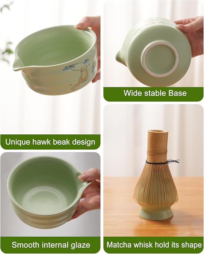 Matcha Whisk Set, Ceramic Matcha Set Includes Matcha Bowl, Matcha Whisk and Holder, Bamboo Scoop, Scoop Rest, Sifter and Tea Towel - 7 Pcs Matcha Kit(Green)