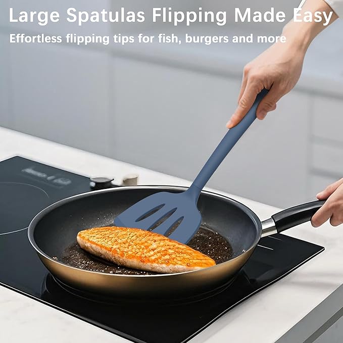 Coukre Silicone Spatula Set of 3, High Heat Resistant, BPA-Free, Kitchen Utensils, Fish Spatula, Solid & Slotted Turner for Non-Stick Pans, Flipping Eggs, Pancakes, Fish, Burgers (3, PureDarkBlue)