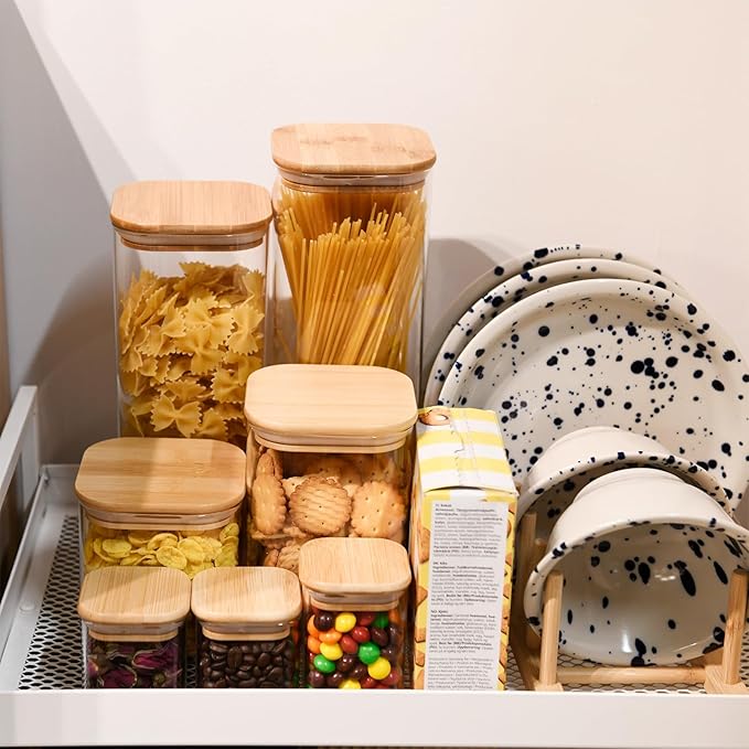 Glass Food Storage Jars Square 37oz, 4 Pack Glass Jars With Bamboo Lids, Kitchen Storage Containers For Spice, Candy, Cookie, Storage For Pantry Organizers