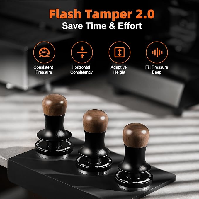 MHW-3BOMBER 58.5mm Espresso Tamper - 3 Spring Loaded Coffee Tamper with Sound Feedback - Barista Tamper Tool Espresso with 15lb / 30lbs Replacement Springs - Walnut Handle SUS304 Flat Base T7067F-OS