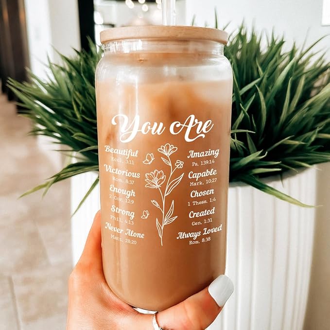 Christian Gifts for Women - Inspirational 16 Oz Can Glass Coffee Cup with Bamboo Lid & Straw - Religious Motivational Catholic Gifts for Womens Ladies