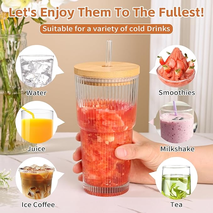 20oz Glass Cups with Lids and Straws,4PCS Ribbed Glass Coffee Cups,Iced Coffee Cups with Lid,Vintage Bamboo Tumbler for Juice,Smoothies