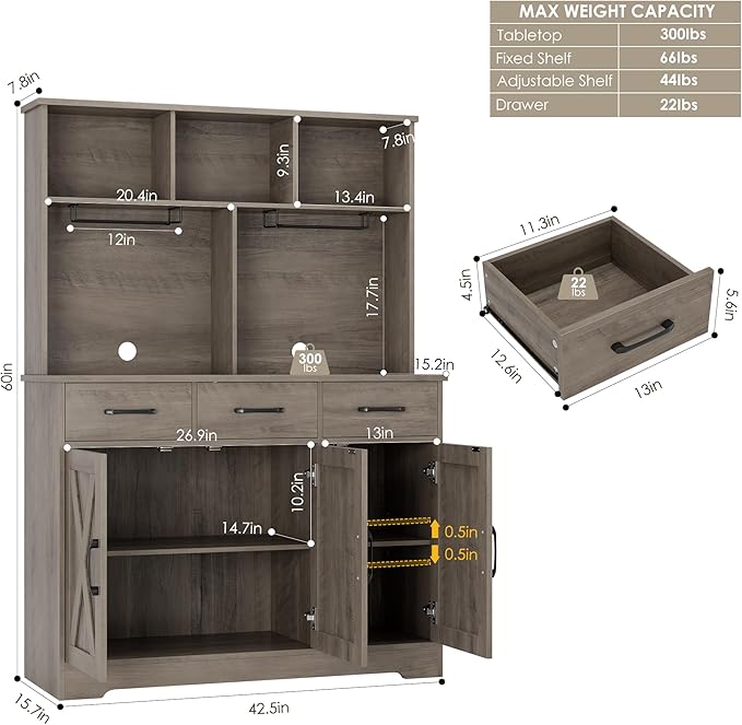 HOSTACK Buffet Cabinet with Hutch, Modern Farmhouse Kitchen Buffet Sideboard Storage with 3 Drawers, Barn Door Coffee Bar Station, Liquor Cabinet for Dining Room, Living Room, Ash Grey