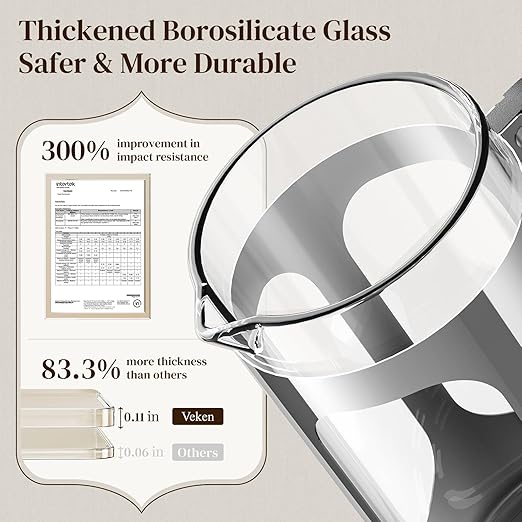 Veken French Press Coffee Maker 34oz 1 L, No Plastic Touching Cafe, Heat Resistant Thickened Borosilicate Glass, Stainless Steel Brewer, Cold Brew Cafetera Teapot for Kitchen Travel Camping, Silver