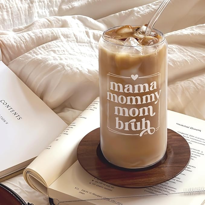 SANDJEST Mother Glass Can, Mama Mommy Mom Bruh Cup with Lid & Straw, Iced Coffee Aesthetic Cups, Idea Gift for Christmas Birthday Mother Day, Gifts for Women, 16oz