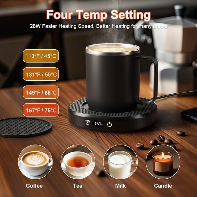 Coffee Mug Warmer & Mug Set for Desk Auto Shut Off, Smart Coffee Warmer & 14oz Cup, Fast Heating Electric Coffee Cup Warmer 4 Temperature Control Setting 8H Timer Candle Tea Beverage Warmer for Coffee