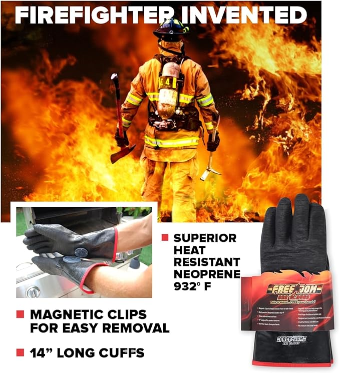 Freedom BBQ Gloves 932°F Heat Rated Magnetic EZ On Off Safety Clips Waterproof for Grills Smokers Fryers Ovens (14")